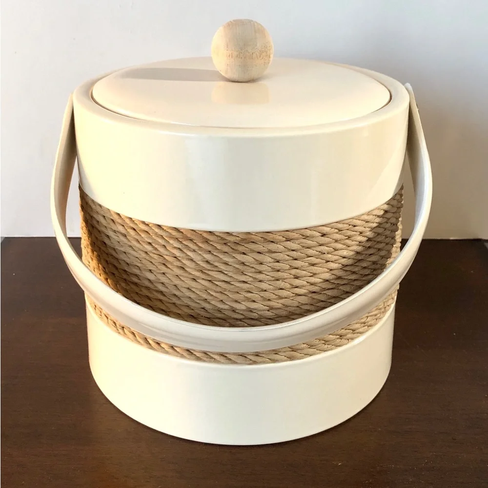 Vintage 70s Georges Briard Cream Vinyl Ice Bucked Wrapped in Natural Jute